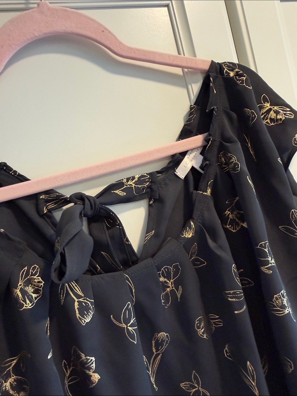 LC Lauren Conrad Navy Blouse with Gold Floral Print and Tie Back